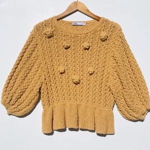 ZARA Peplum Yellow Knit Sweater with Puff Sleeves